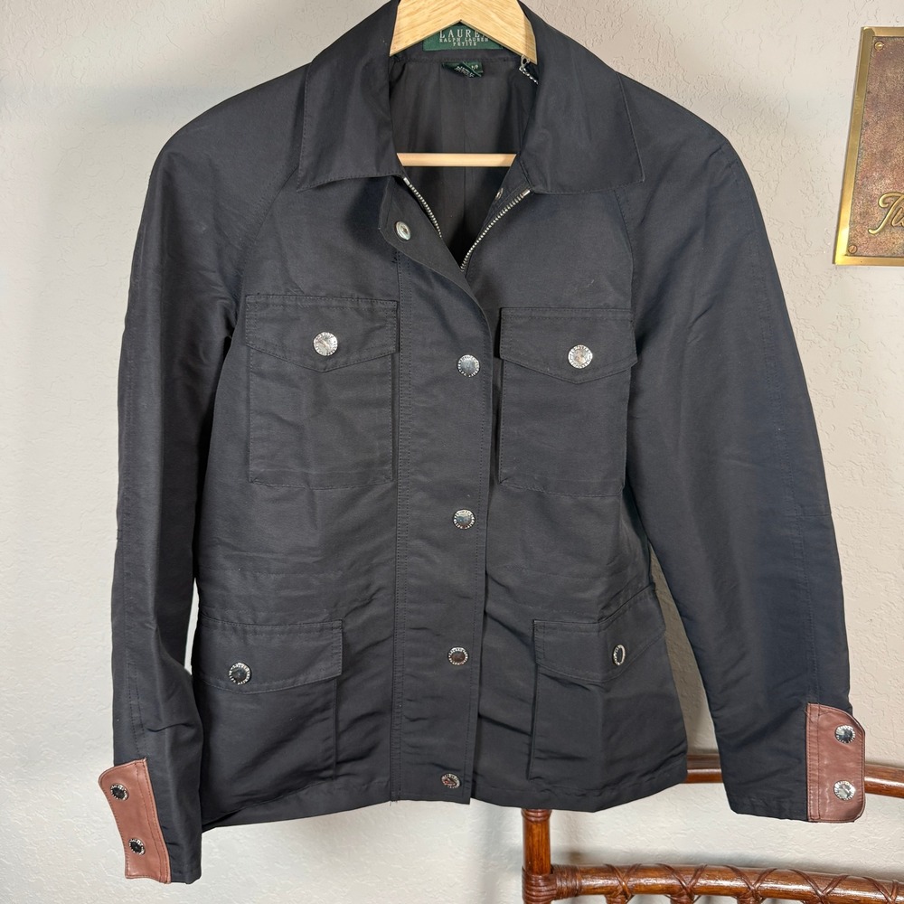 Lauren Ralph Lauren Petite Black Field Jacket Leather Trim Utility Coat P/P